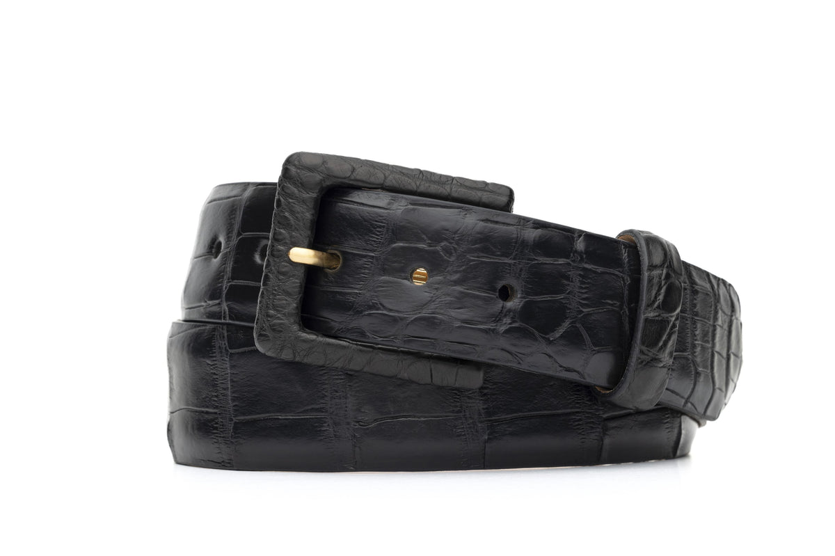 Matte Alligator Belt with Covered Buckle - Black