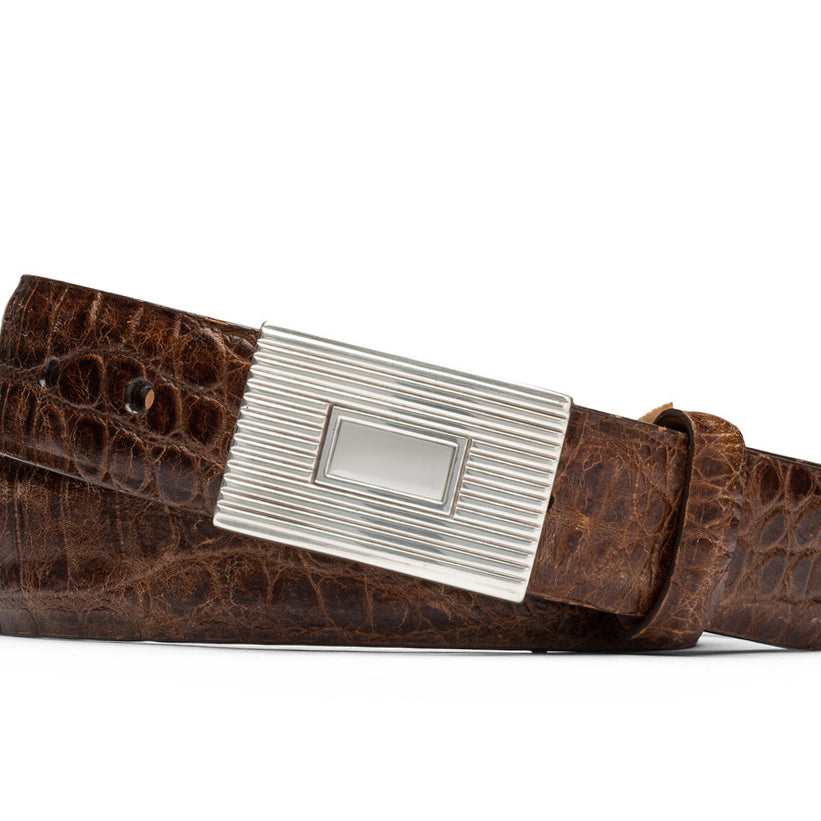 Tuscan Tingas Embossed Crocodile Belt with Plaque Buckle