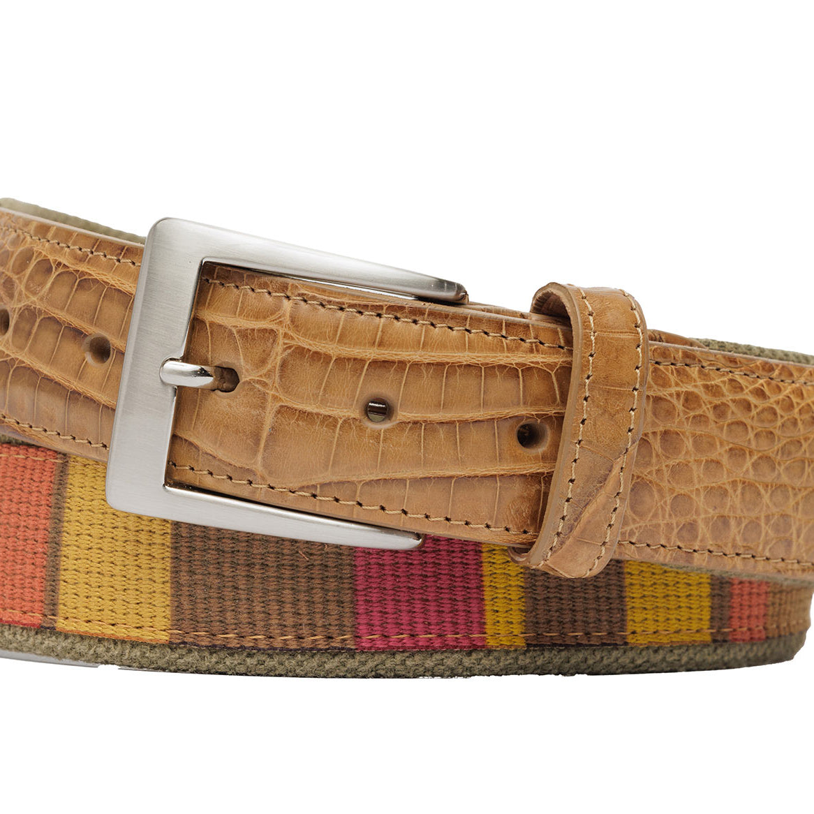Canvas Bars Belt with Croc Tabs and Brushed Nickel Buckle