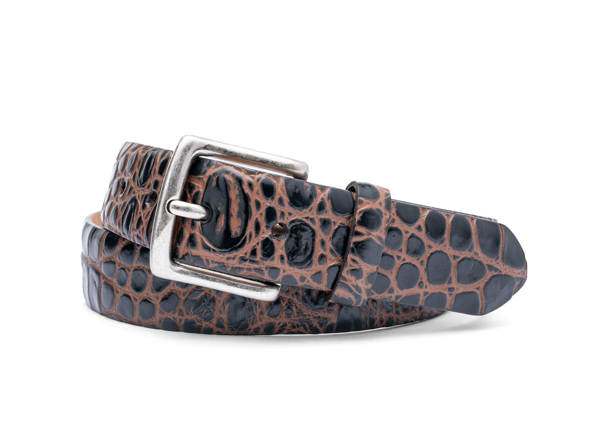 Two-Toned Embossed Crocodile Belt with Antique Silver Buckle