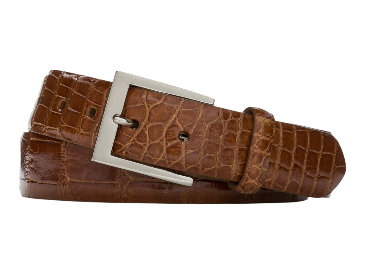1-3/8" Glazed American Alligator Belt with Nickel and Gold Buckles