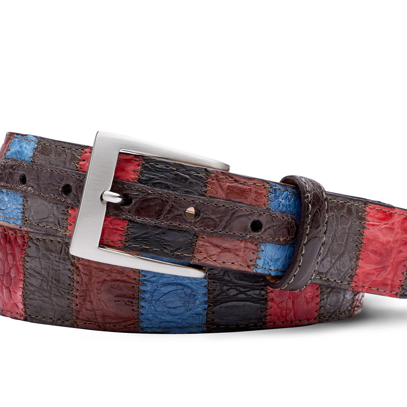 Vertical Patchwork Matte Alligator Belt with Brushed Nickel Buckle