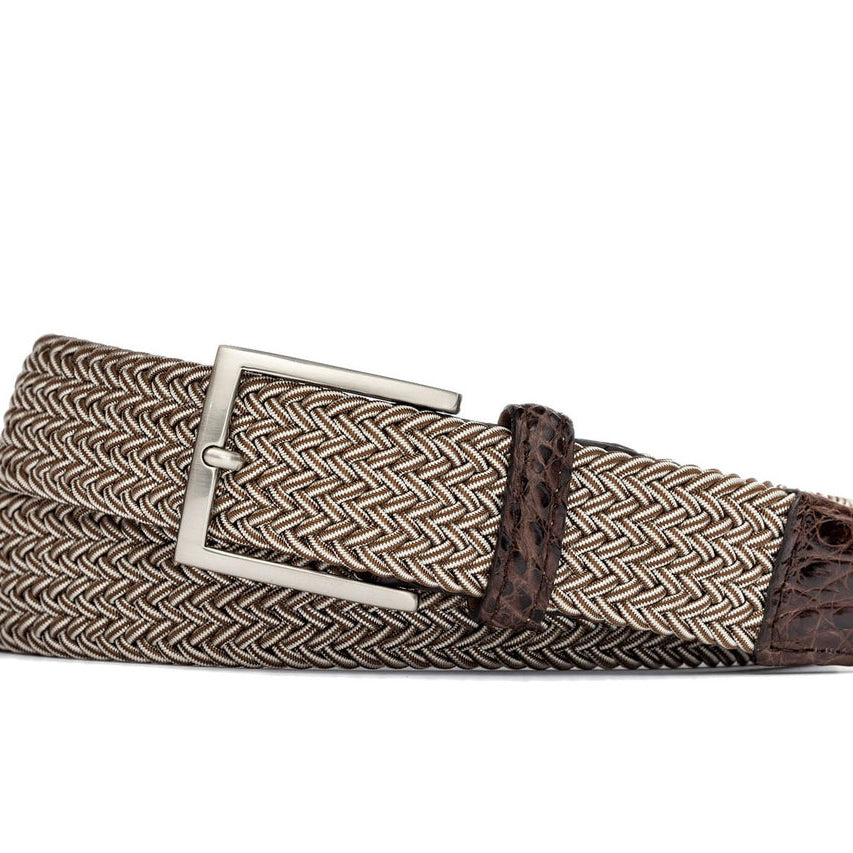 1 3/8" Brown Stripe Stretch Belt with genuine crocodile tabs and brushed nickel buckle w.kleinberg