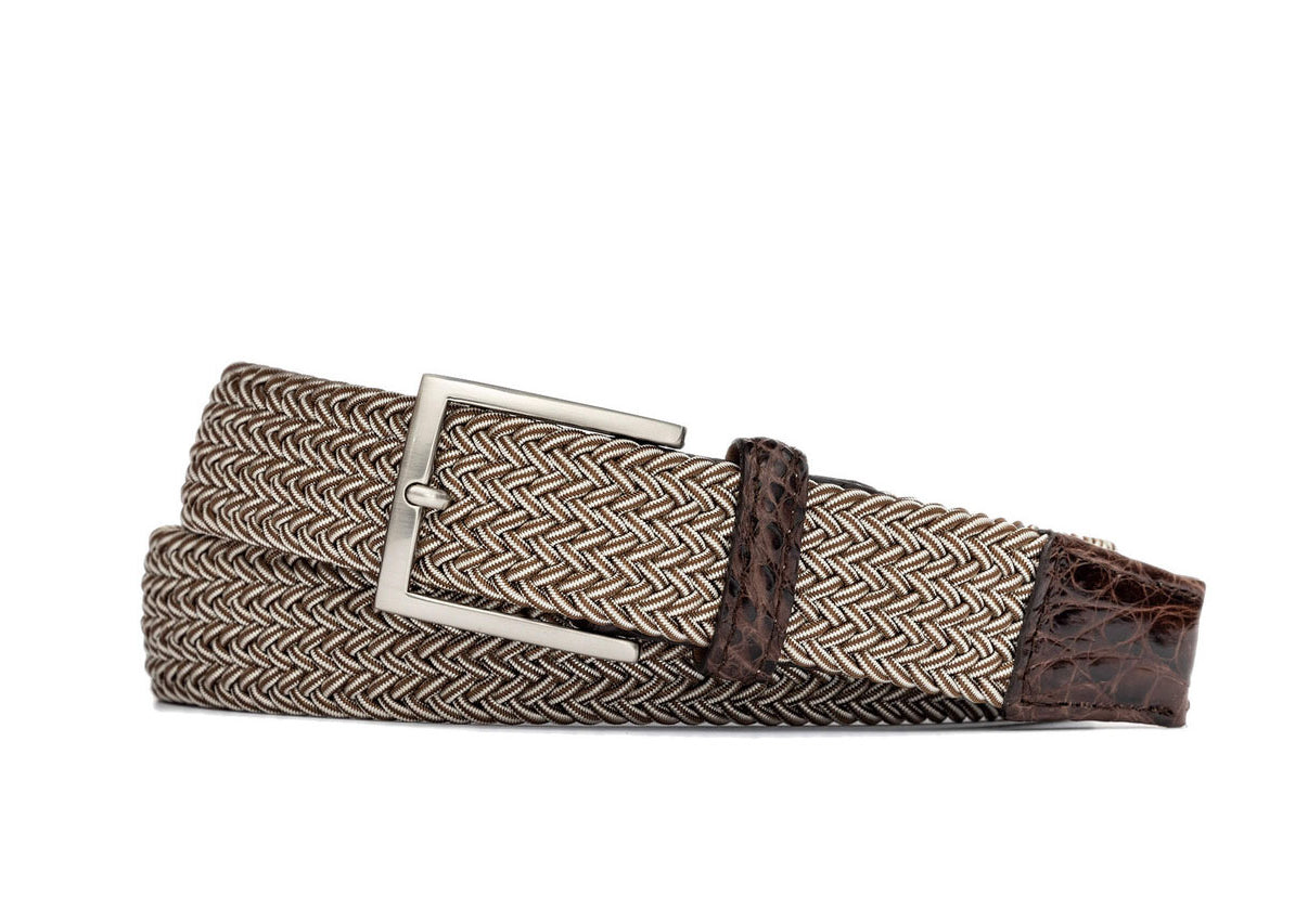 1 3/8" Brown Stripe Stretch Belt with genuine crocodile tabs and brushed nickel buckle w.kleinberg
