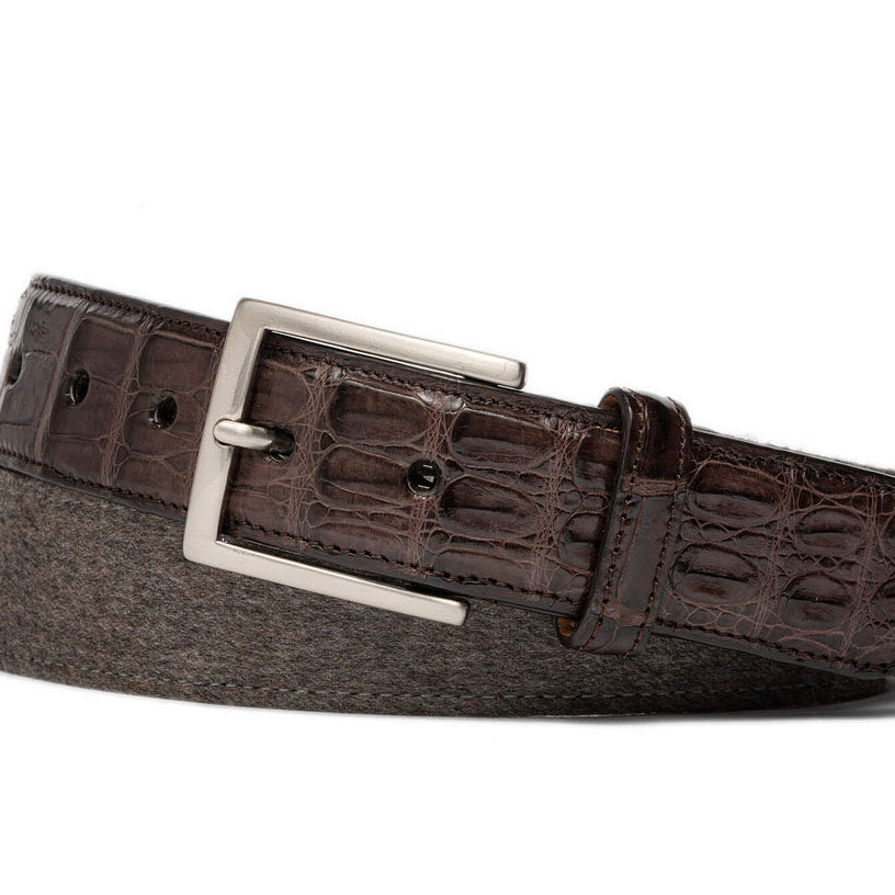 1 3/8 inch Cashmere Belt with Crocodile Tabs and Brushed Nickel Buckle w.kleinberg
