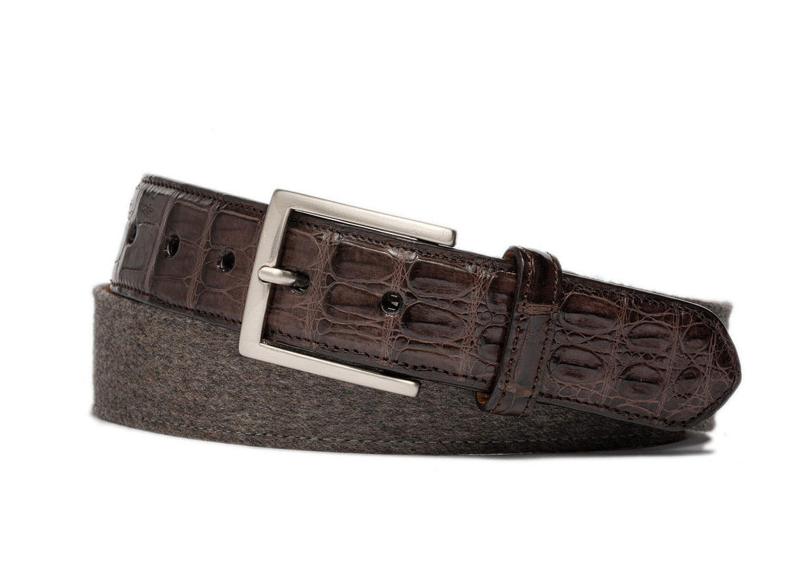 1 3/8 inch Cashmere Belt with Crocodile Tabs and Brushed Nickel Buckle w.kleinberg