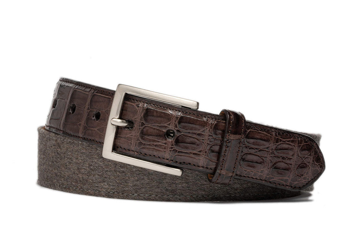 1 3/8 inch Cashmere Belt with Crocodile Tabs and Brushed Nickel Buckle w.kleinberg