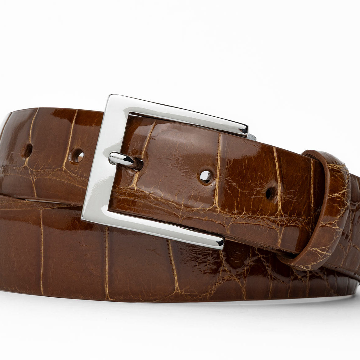 1-3/8" Glazed American Alligator Belt with Nickel and Gold Buckles