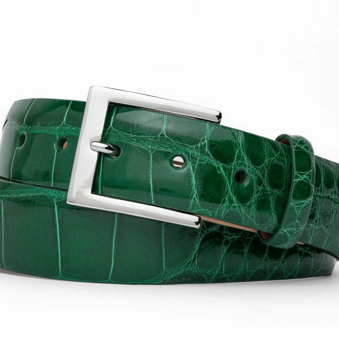 1-3/8" Glazed American Alligator Belt with Nickel and Gold Buckles