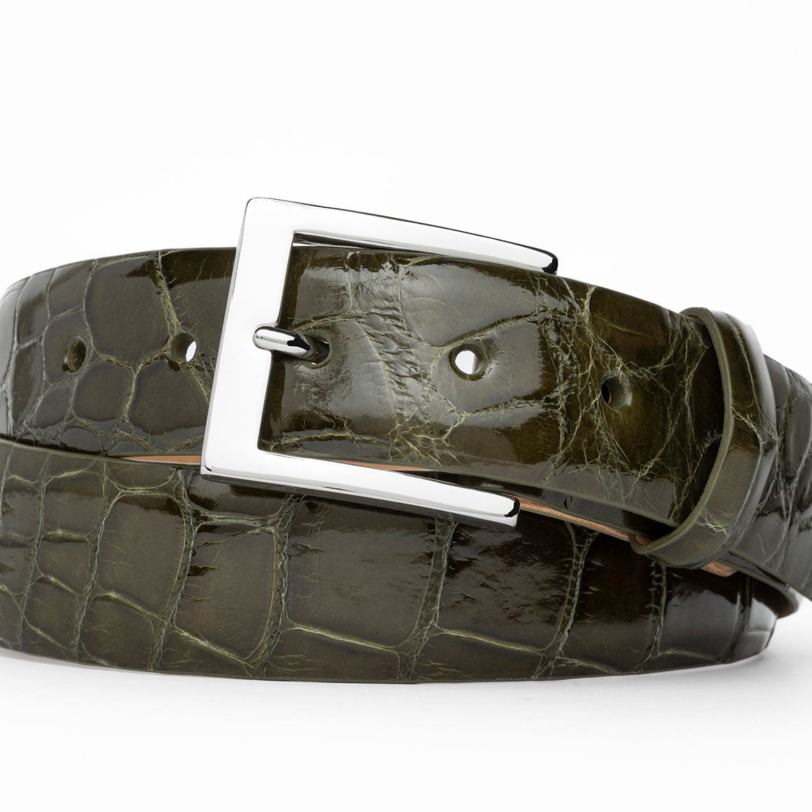 1-3/8" Glazed American Alligator Belt with Nickel and Gold Buckles