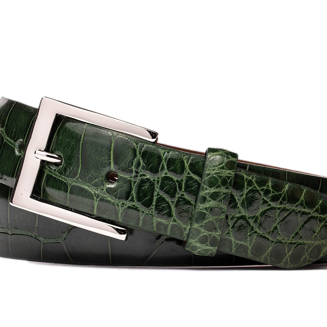 1-3/8" Glazed American Alligator Belt with Nickel and Gold Buckles