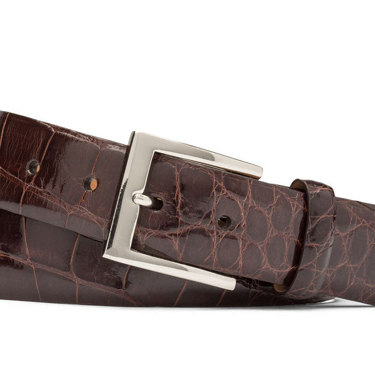 1-3/8" Glazed American Alligator Belt with Nickel and Gold Buckles