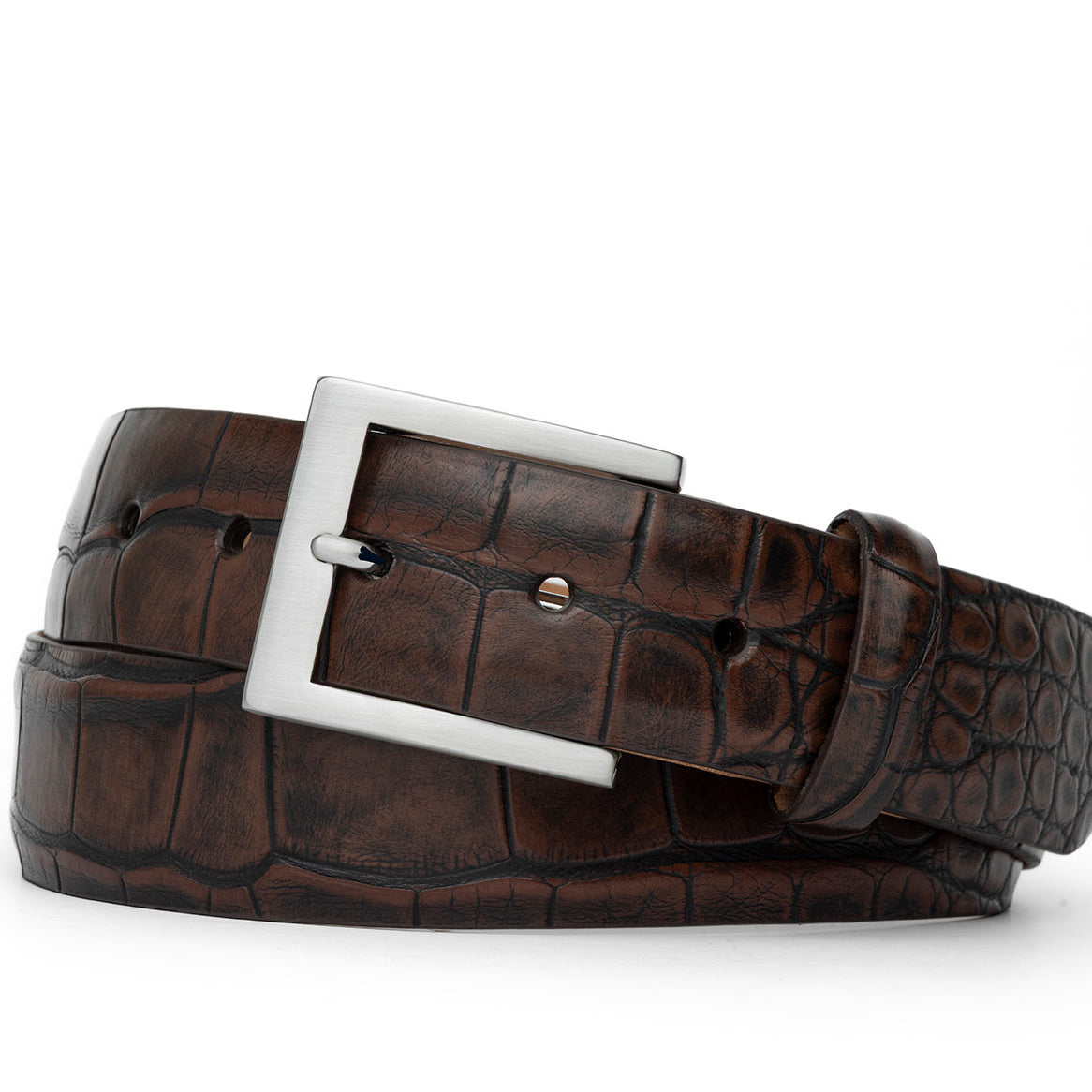 1-3/8" Matte American Alligator Belt with Brushed Nickel and Gold Buckles