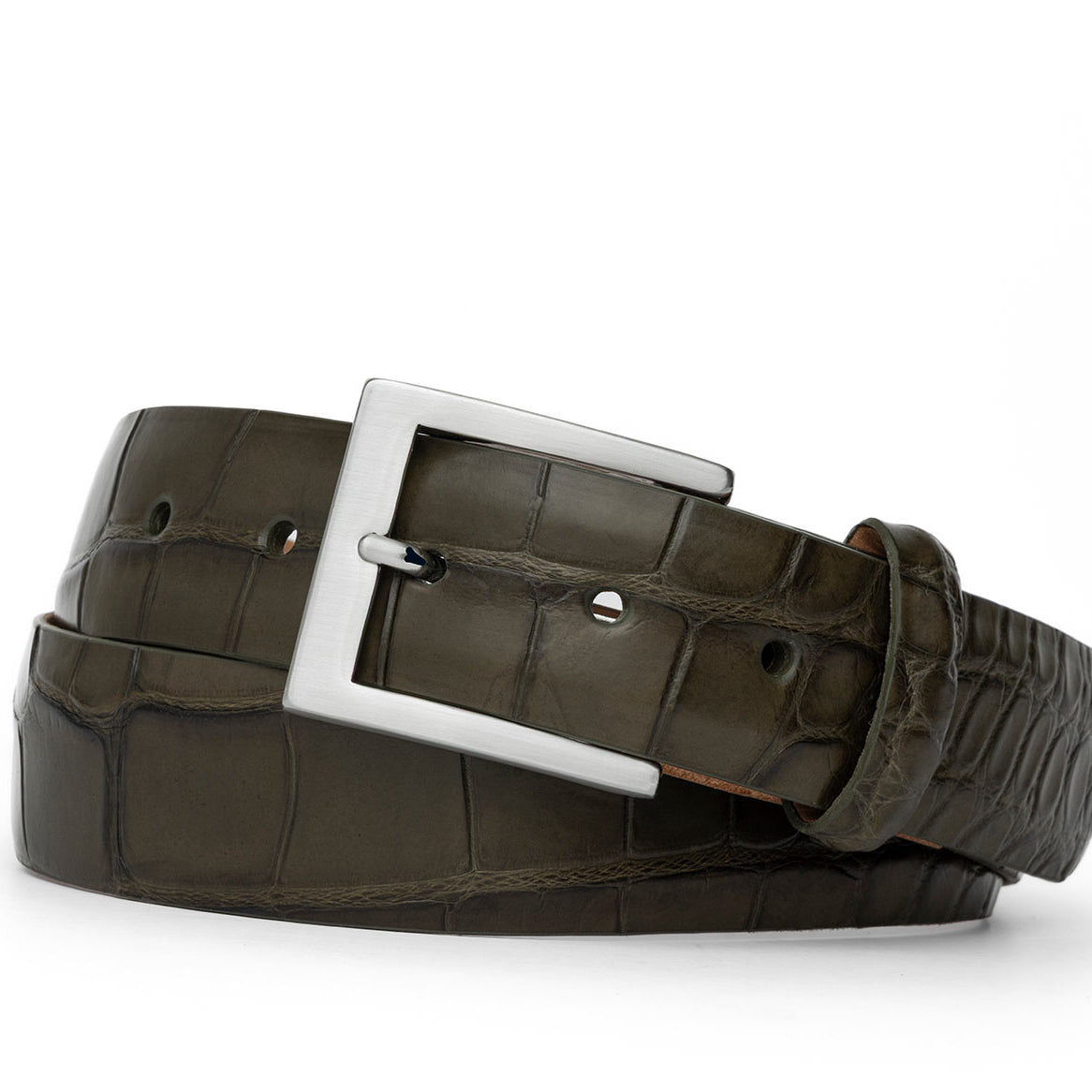 1-3/8" Matte American Alligator Belt with Brushed Nickel and Gold Buckles