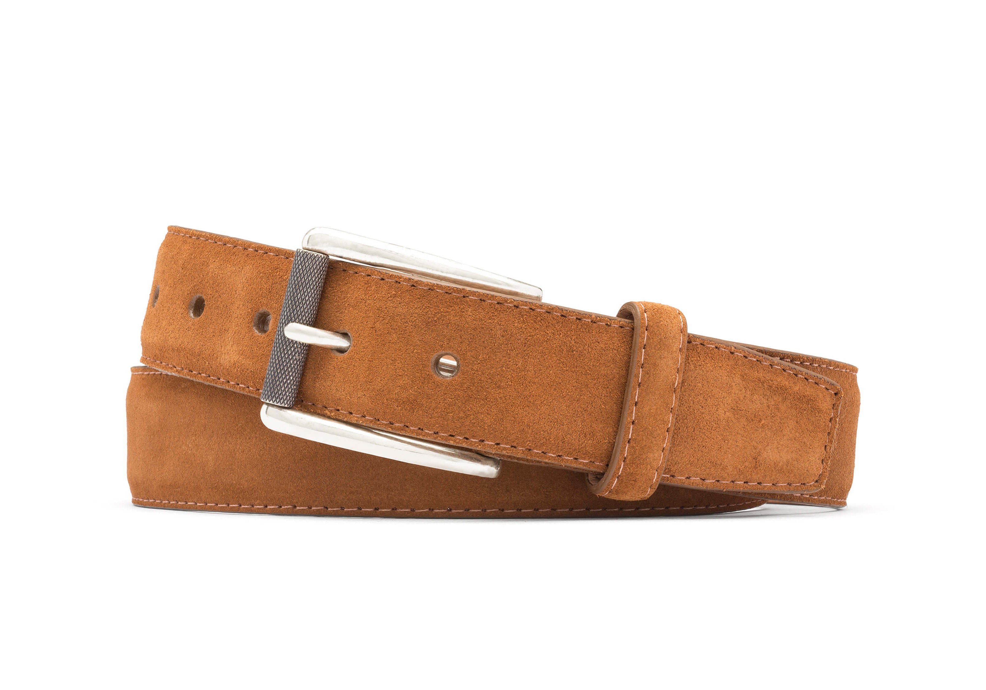 Suede Belt with Nickel Roller Buckle - Cognac