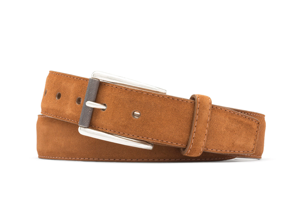 Suede Belt with Nickel Roller Buckle - Cognac