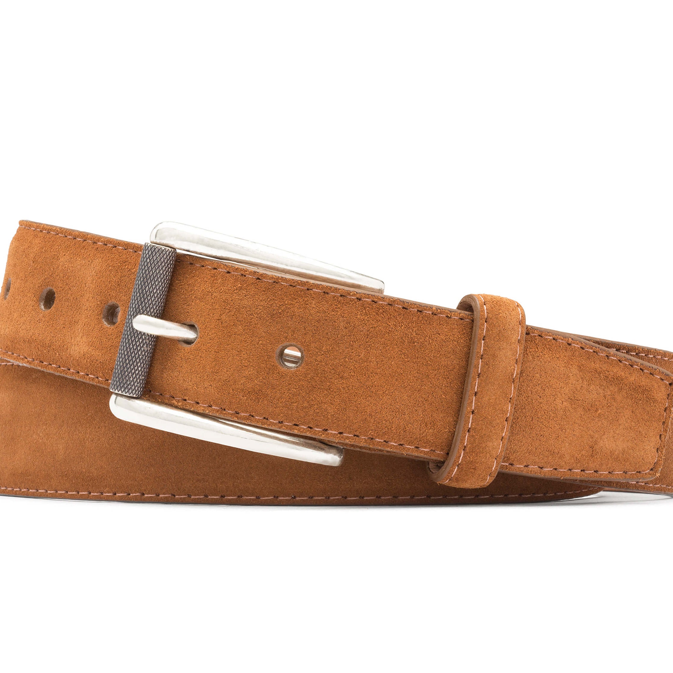 Extra-Long Suede Belt with Nickel Roller Buckle - Cognac