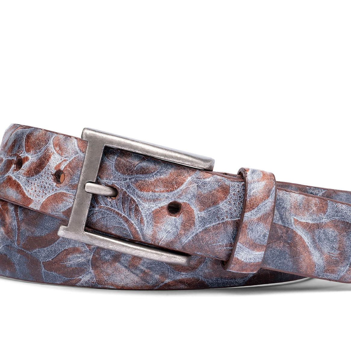 Two-Tone Tooled Calf Belt with Antique Buckle