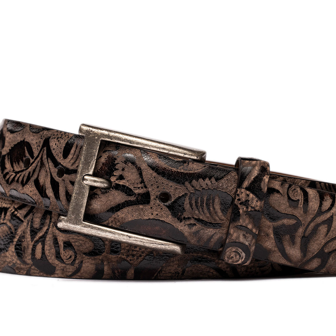 Two-Tone Tooled Calf Belt with Antique Buckle