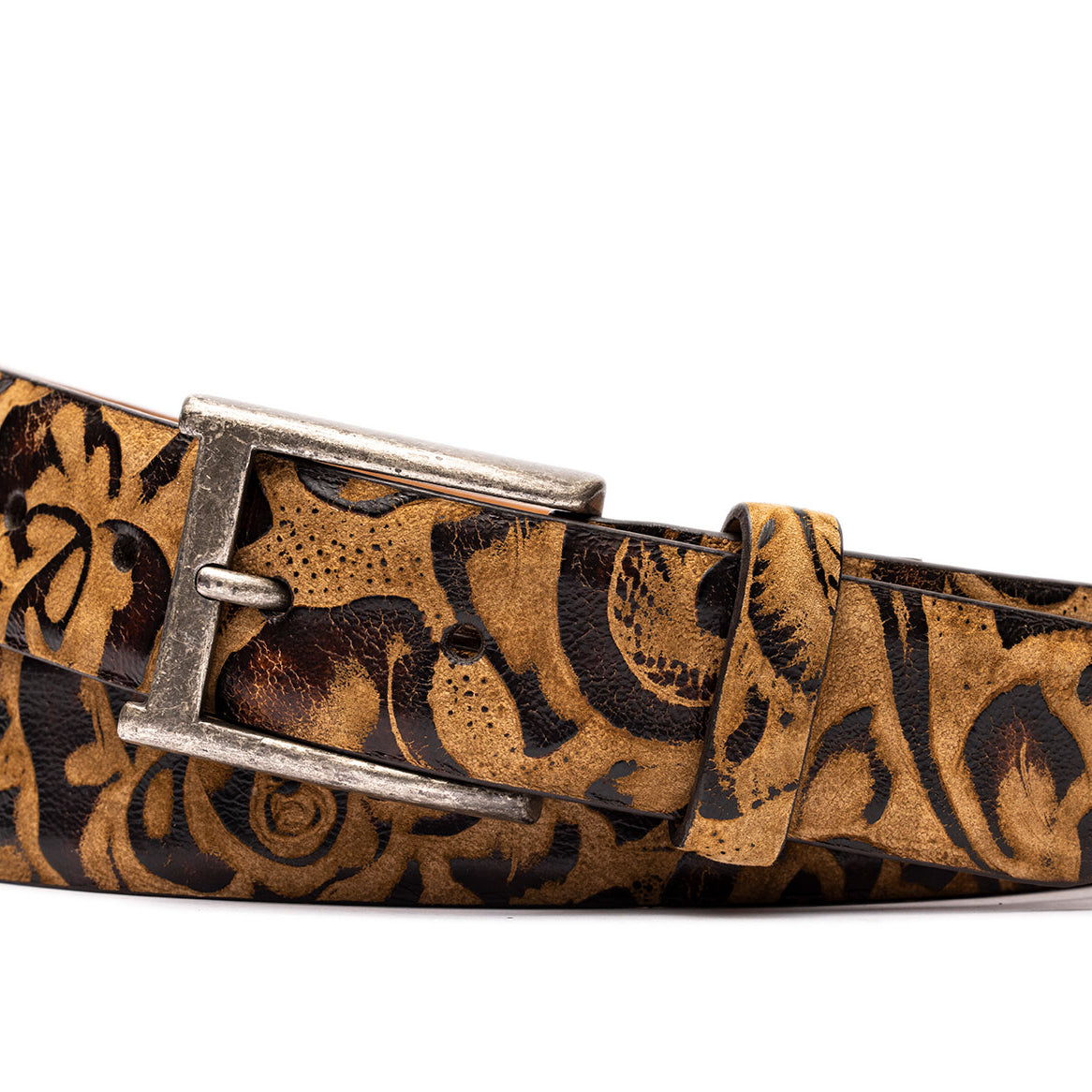 Two-Tone Tooled Calf Belt with Antique Buckle