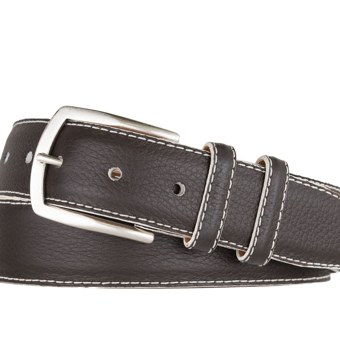 Contrast Pebbled Calf Belt with Nickel Buckle