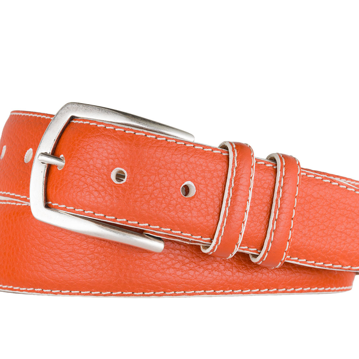 Contrast Pebbled Calf Belt with Nickel Buckle