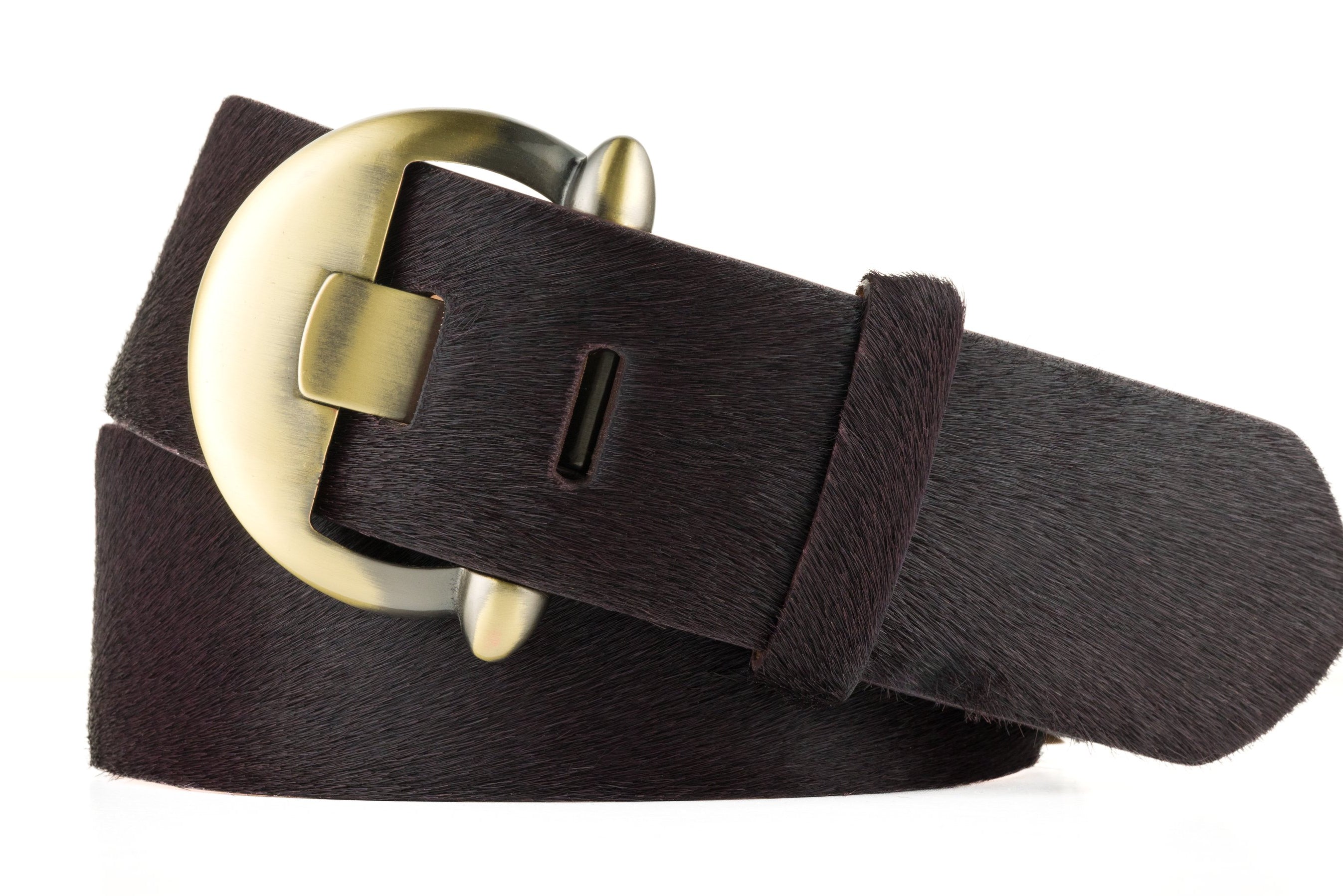 Wide Calf Hair Belt with Brass Buckle - Chocolate