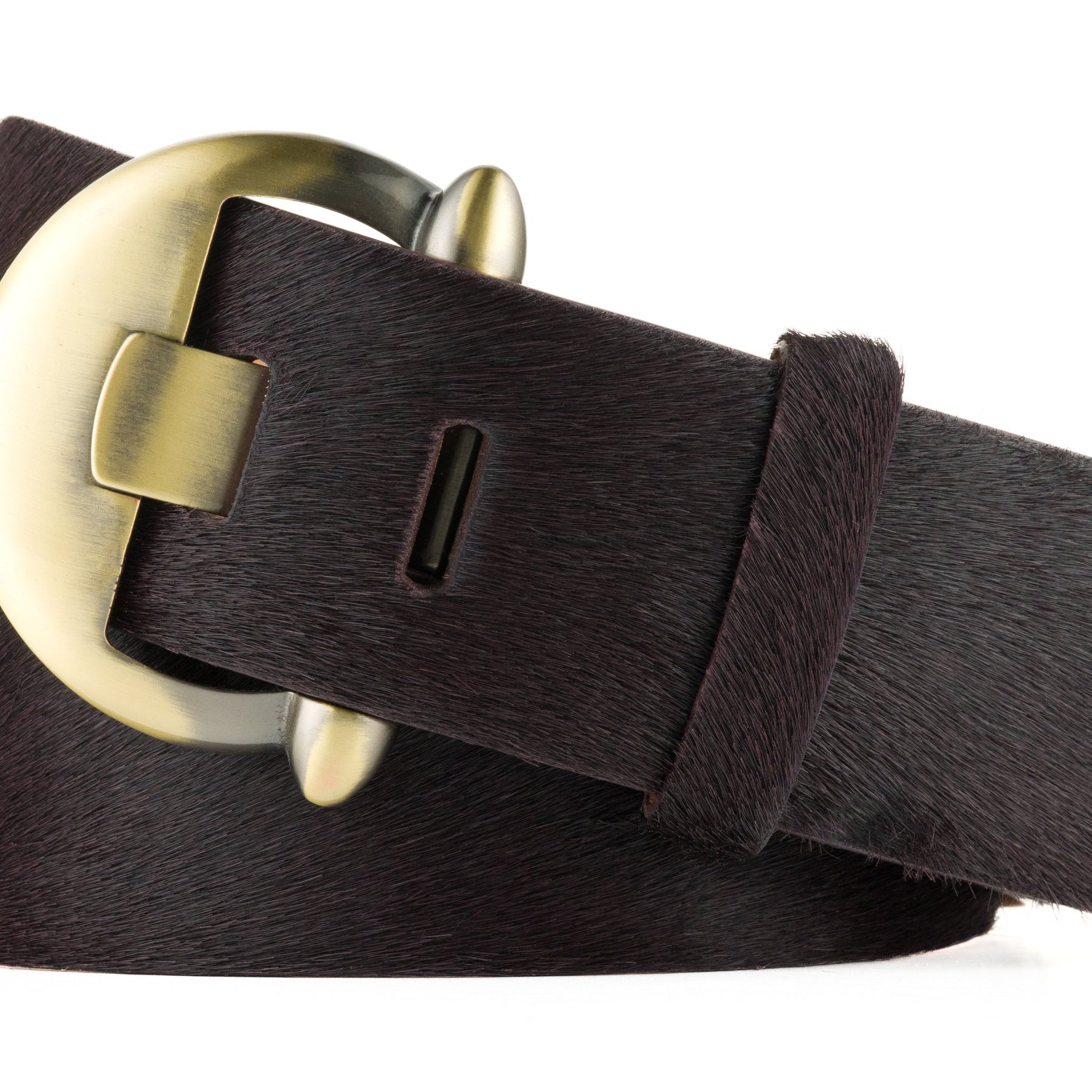 Wide Calf Hair Belt with Brass Buckle - Chocolate