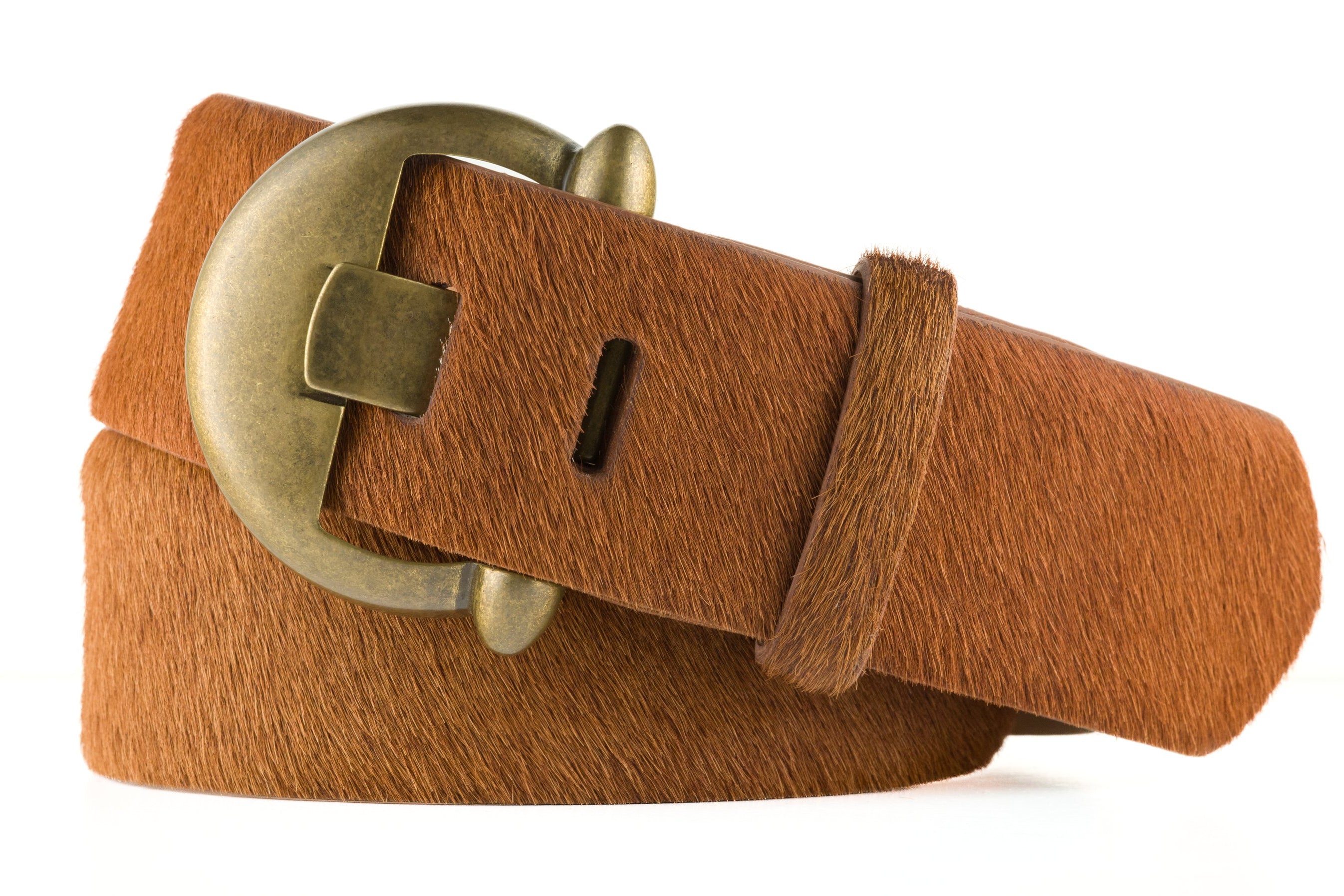 Wide Calf Hair Belt with Brass Buckle - Cognac