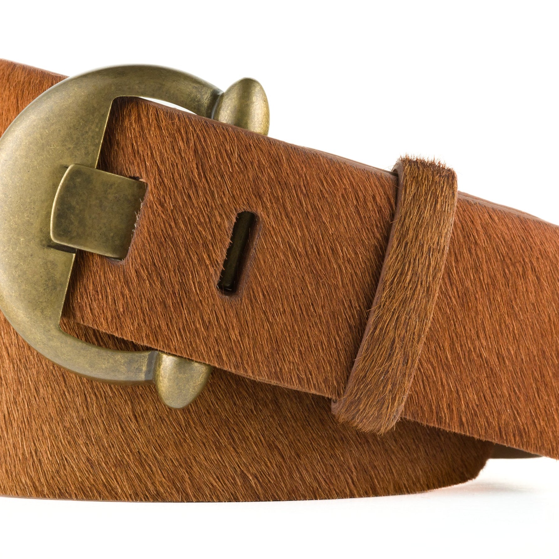 Wide Calf Hair Belt with Brass Buckle - Cognac