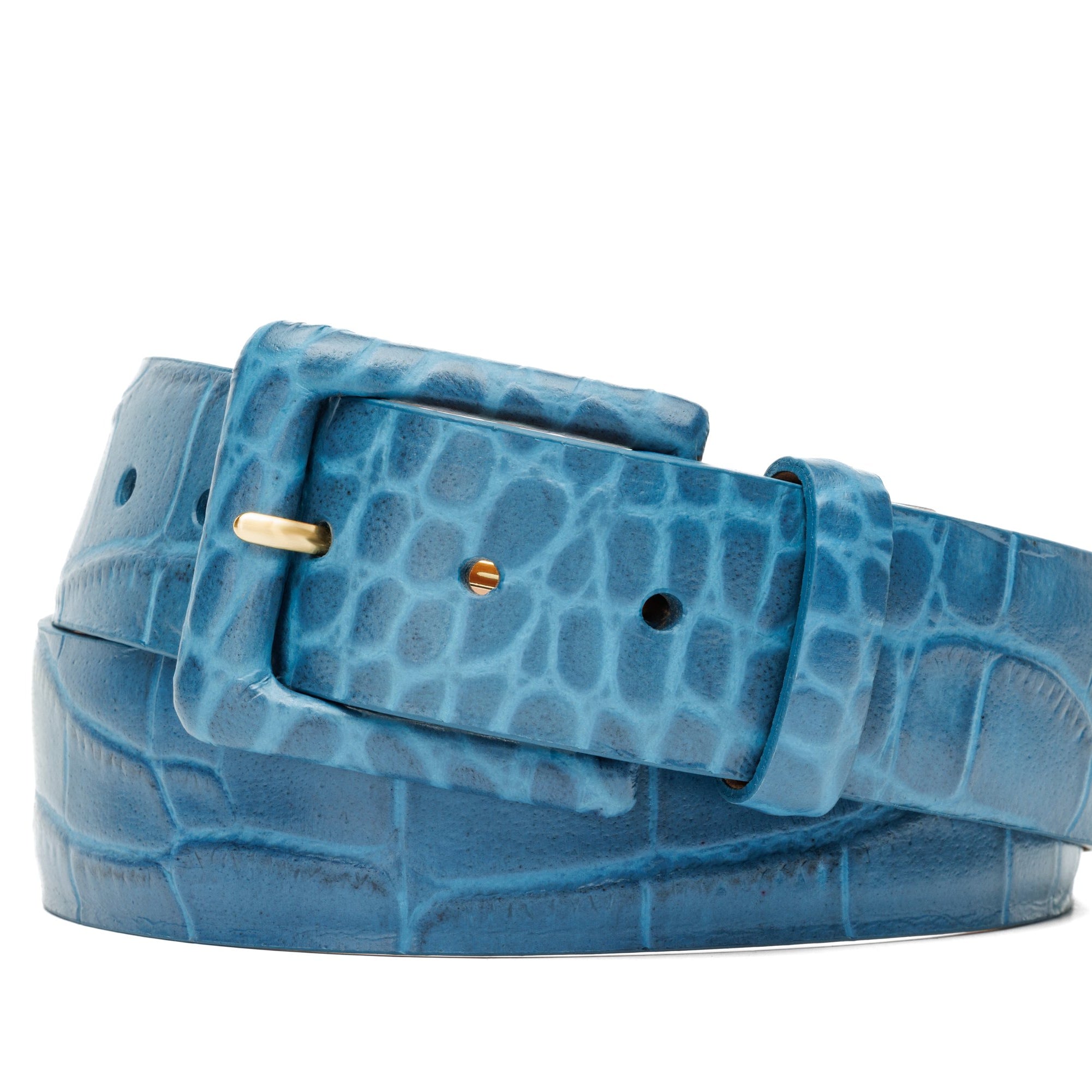 Embossed Crocodile Belt with Covered Buckle - Blue
