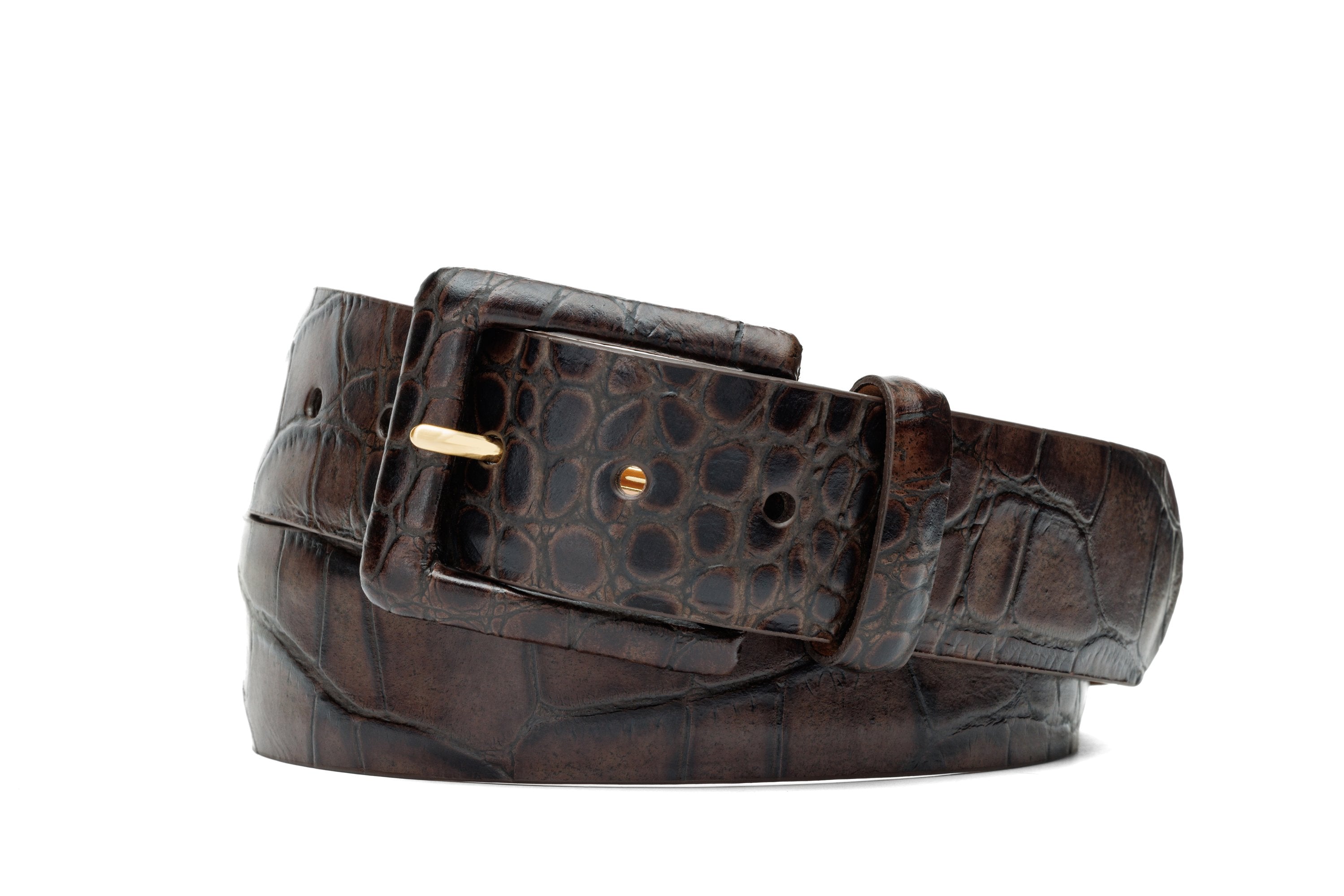 Embossed Crocodile Belt with Covered Buckle - Chocolate