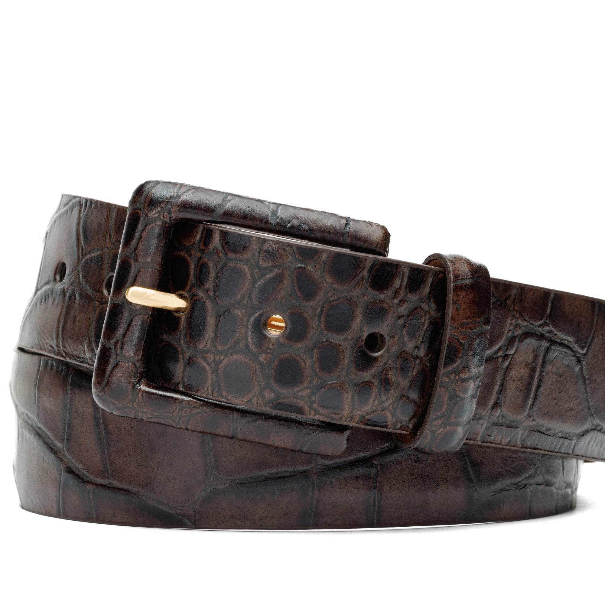 Embossed Crocodile Belt with Covered Buckle - Chocolate