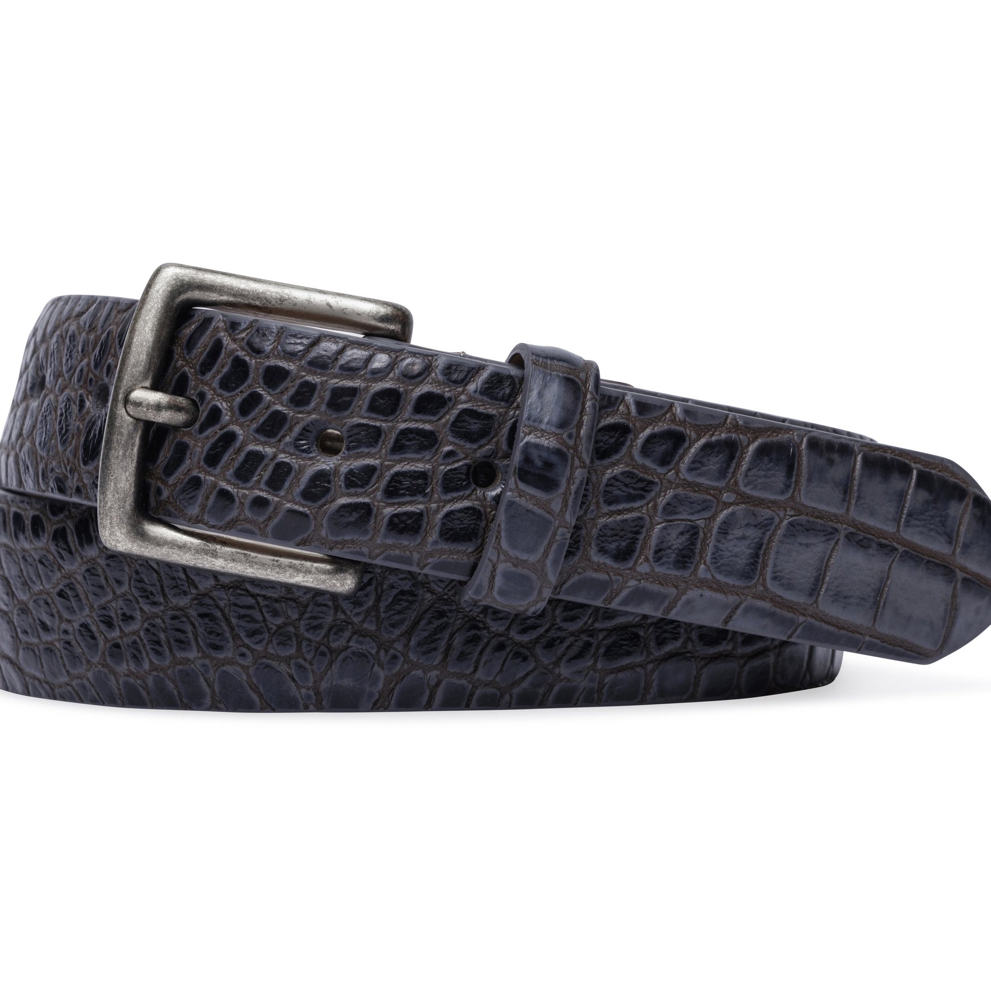 Two-Toned Embossed Crocodile Belt with Antique Silver Buckle - Indigo/Tan