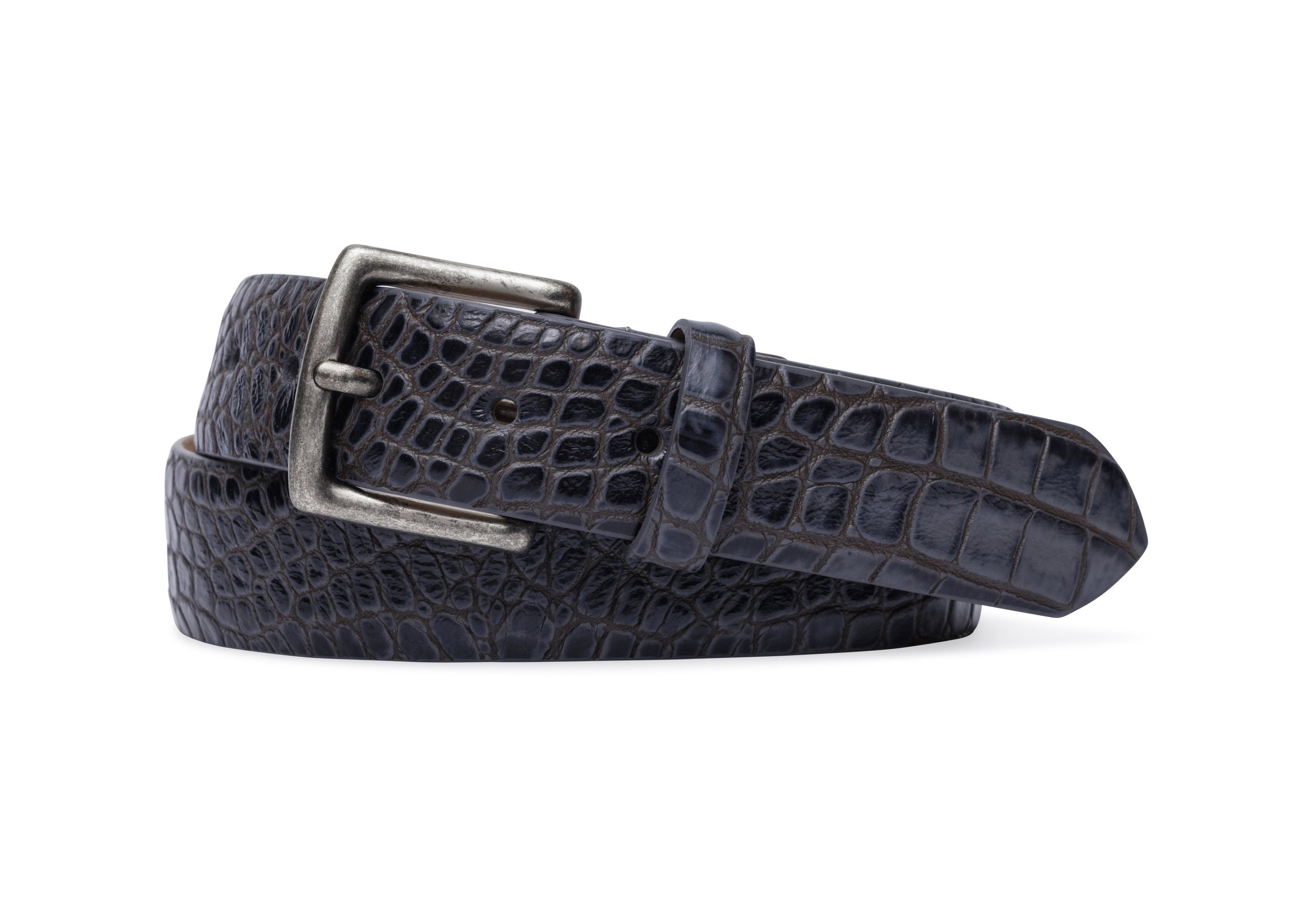 Two-Toned Embossed Crocodile Belt with Antique Silver Buckle - Indigo/Tan