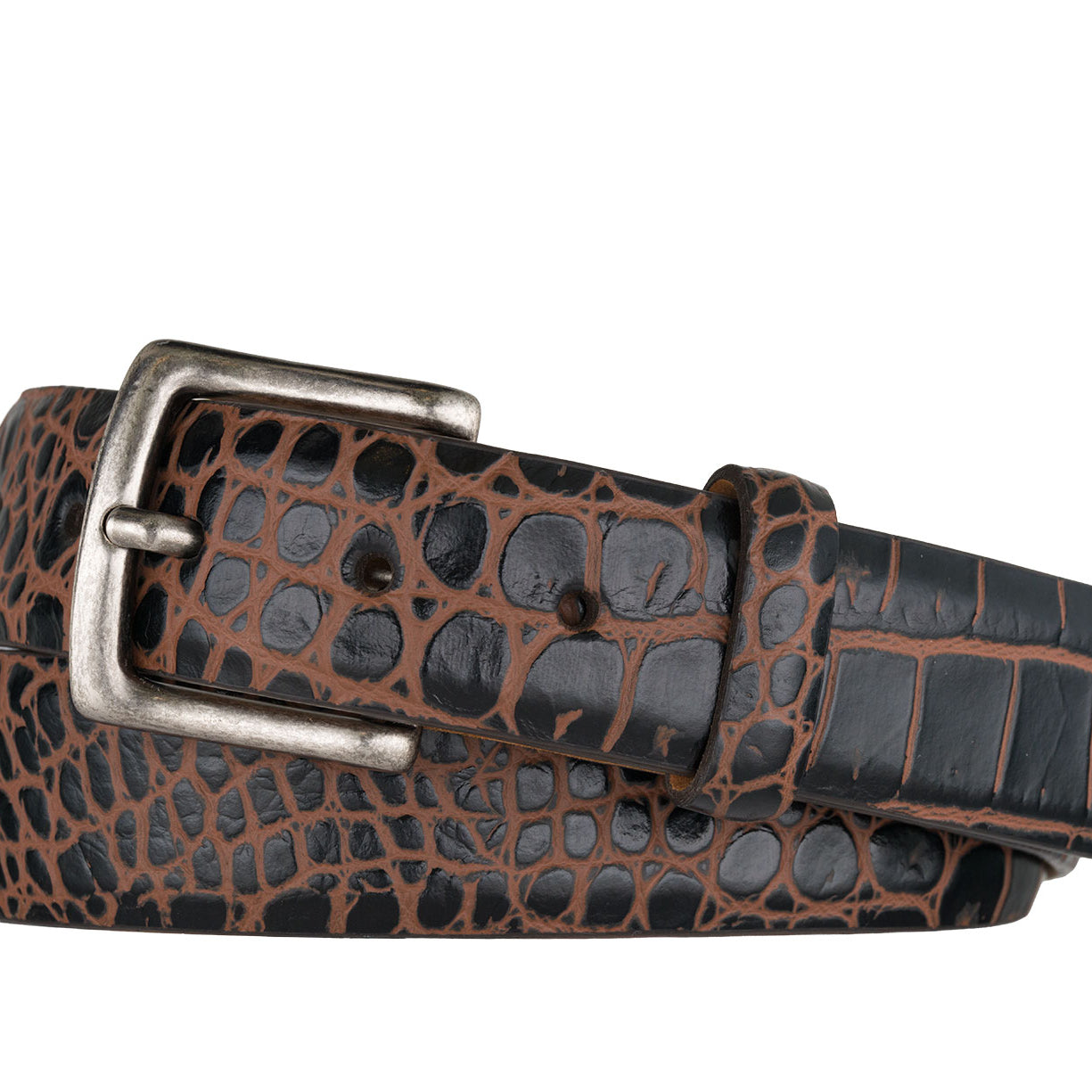 Two-Toned Embossed Crocodile Belt with Antique Silver Buckle