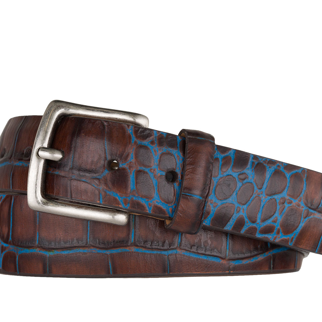 Two-Toned Embossed Crocodile Belt with Antique Silver Buckle