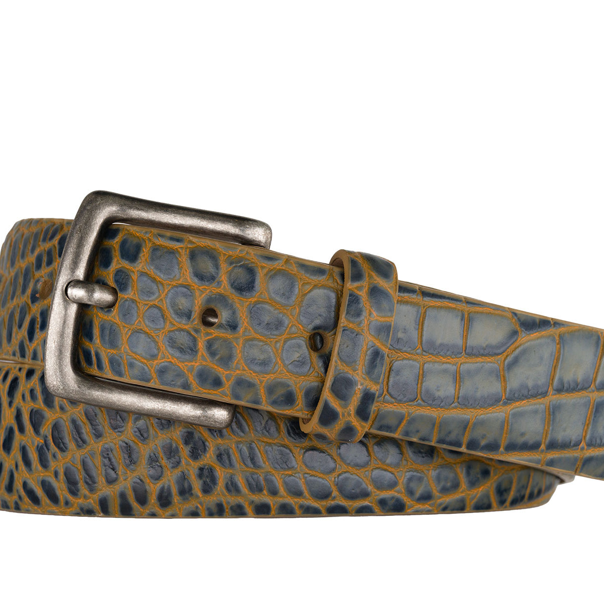 Two-Toned Embossed Crocodile Belt with Antique Silver Buckle