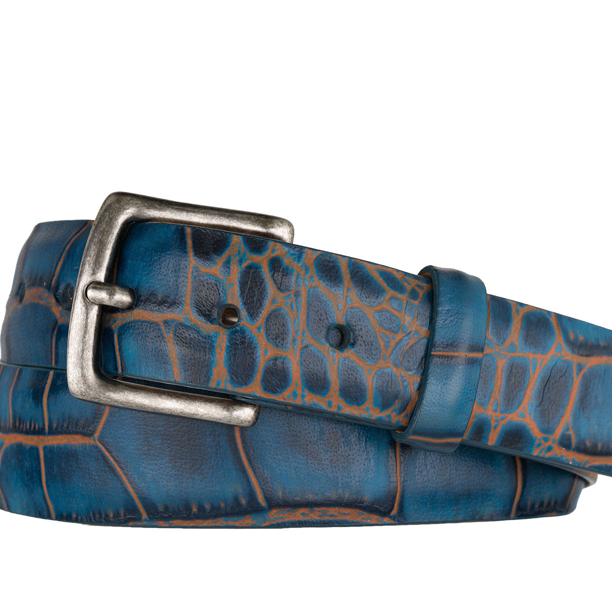 Two-Toned Embossed Crocodile Belt with Antique Silver Buckle