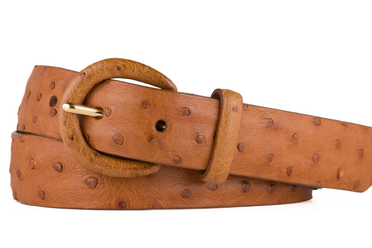 Ostrich Belt with Covered Buckle - Brandy