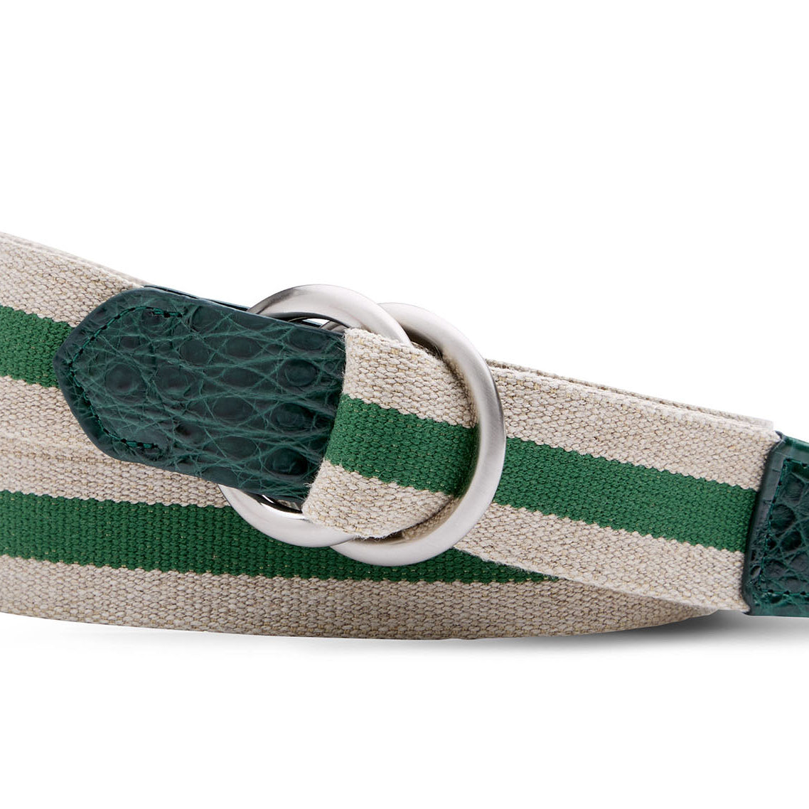 Striped Linen Belt with Croc Tabs and Brushed Nickel O-Ring Buckles