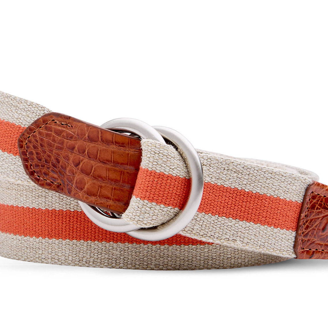 Striped Linen Belt with Croc Tabs and Brushed Nickel O-Ring Buckles
