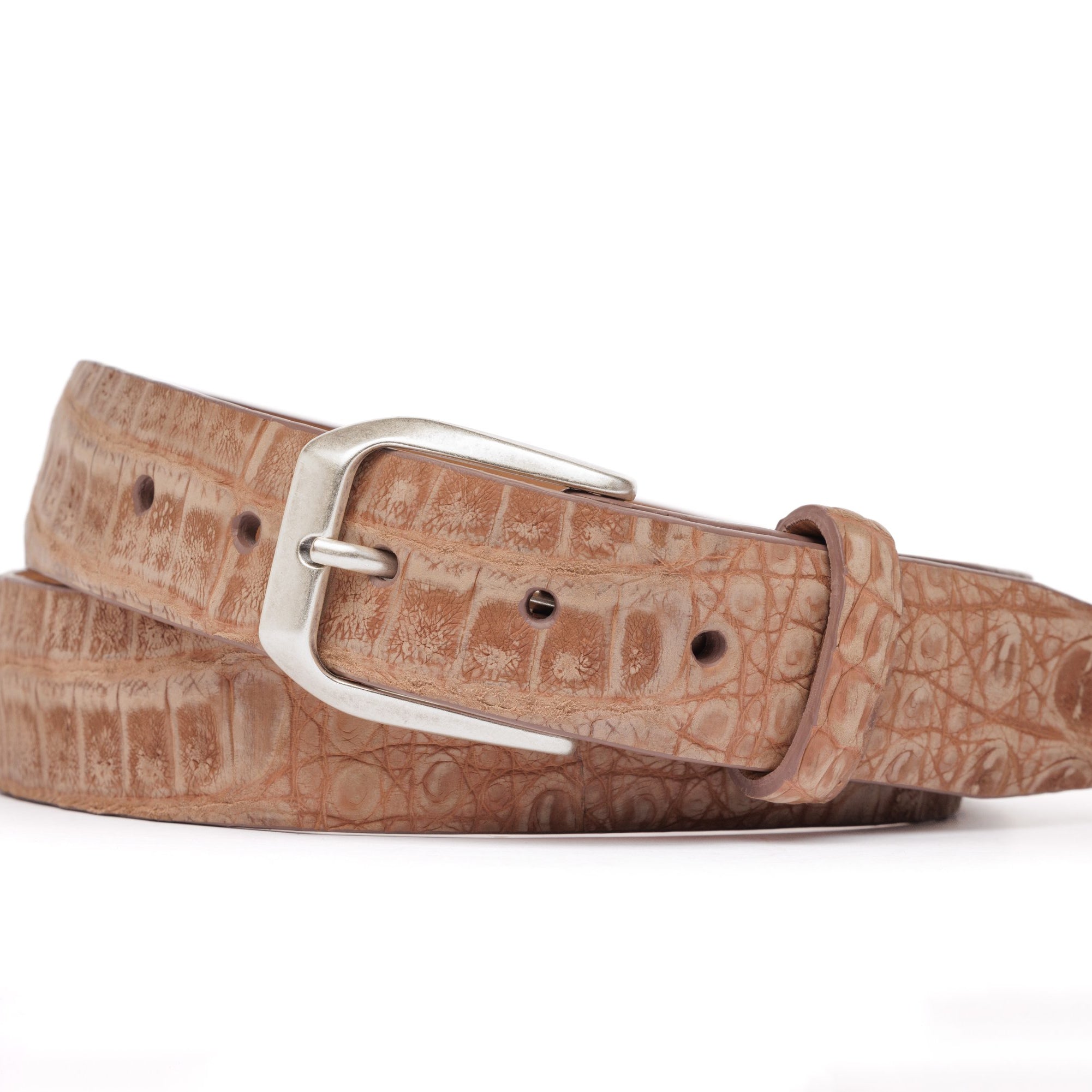 Nubuck Crocodile Belt with Antique Silver Buckle - Cognac