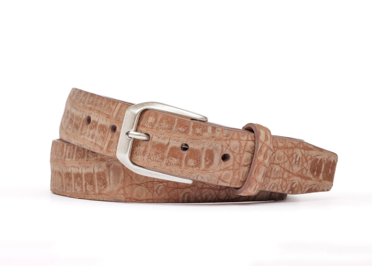Nubuck Crocodile Belt with Antique Silver Buckle - Cognac