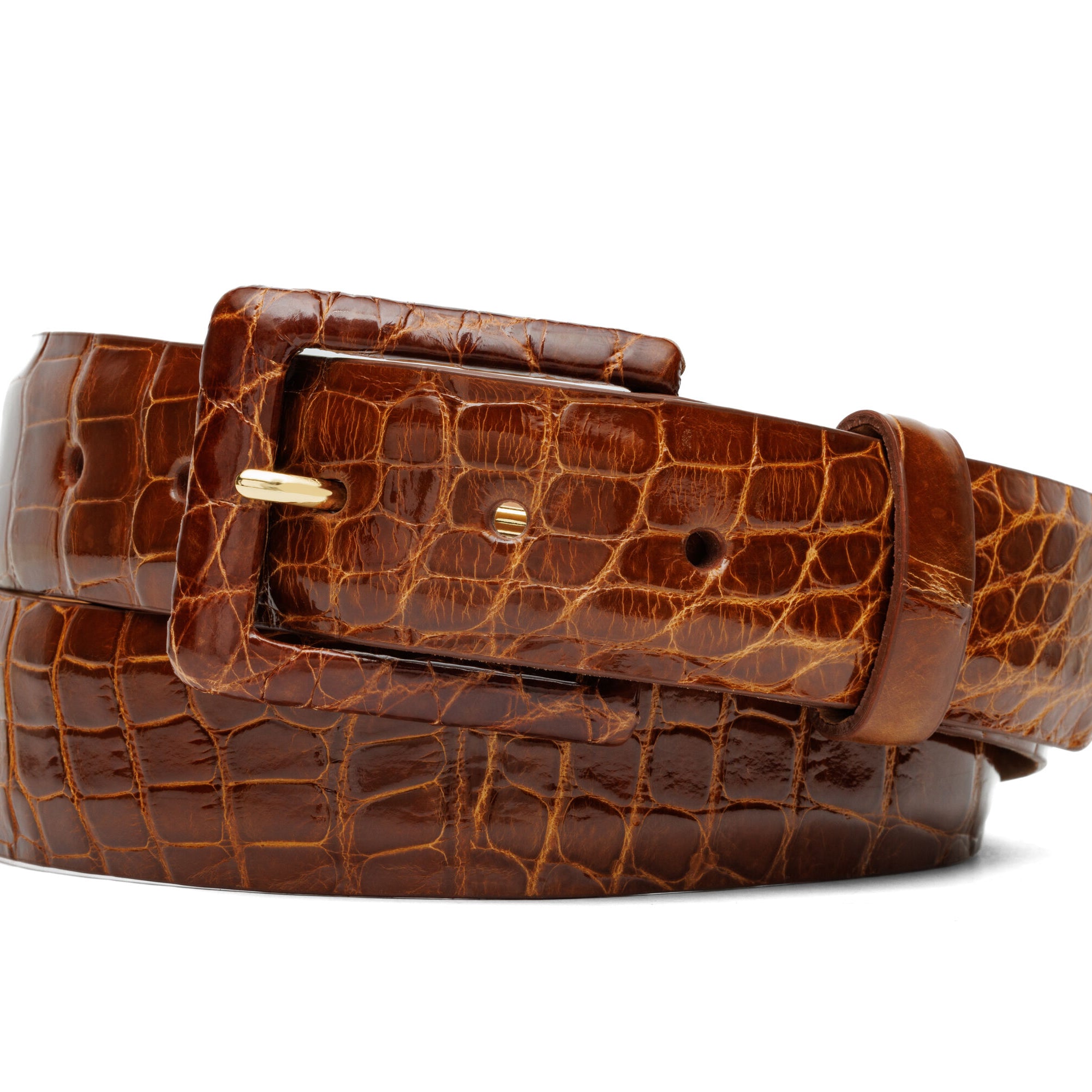 Glazed Alligator Belt with Covered Buckle - Cognac