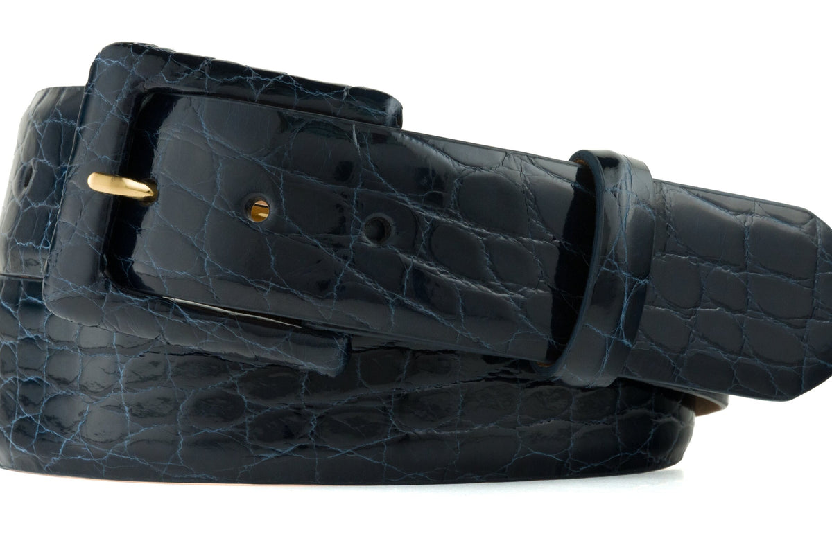 Glazed Alligator Belt with Covered Buckle - Navy