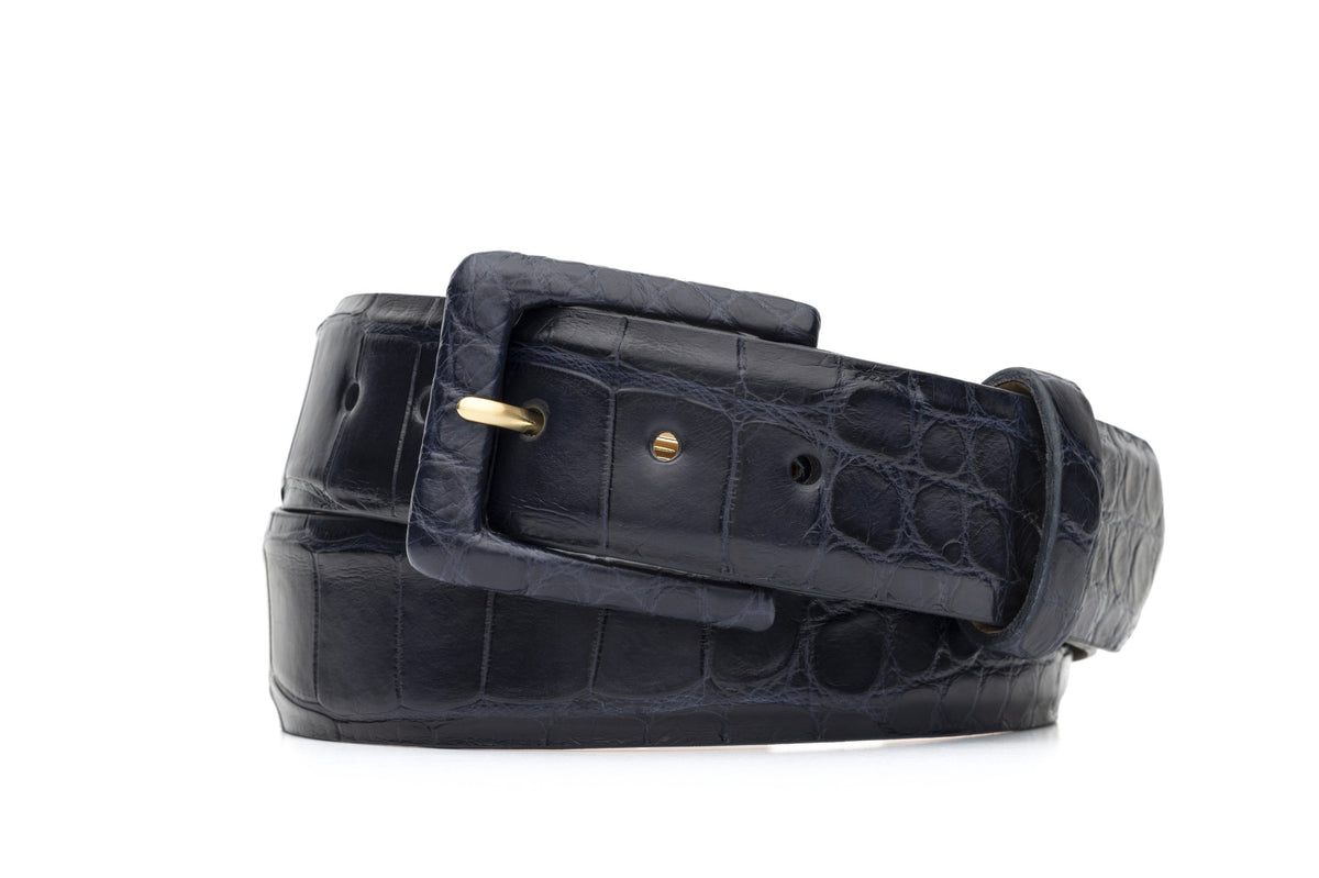 Matte Alligator Belt with Covered Buckle - Navy