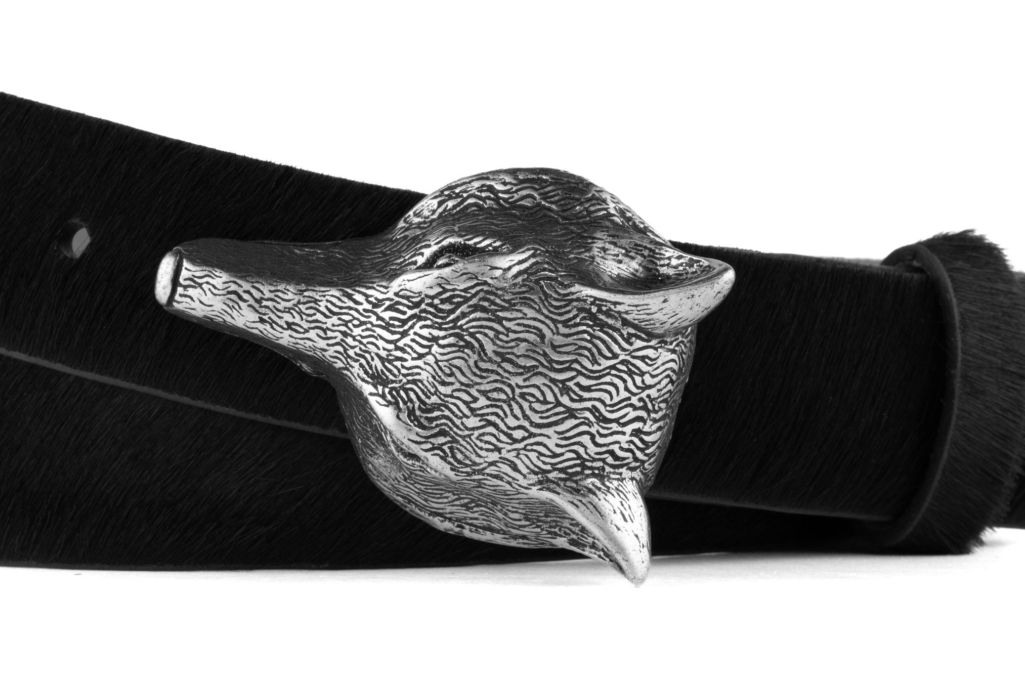 Calf Hair Belt with Antique Silver Fox Buckle - Black