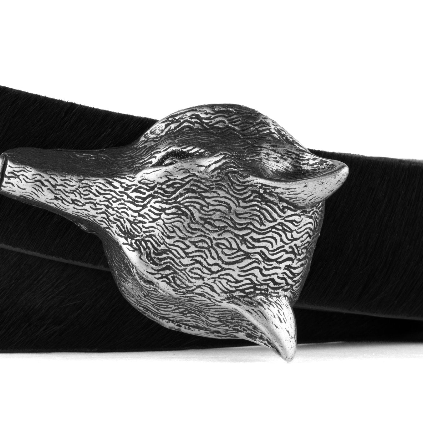 Calf Hair Belt with Antique Silver Fox Buckle - Black