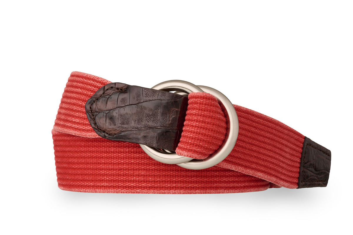 Striped Woven Belt with Crocodile Tabs and Brushed Nickel O-Rings